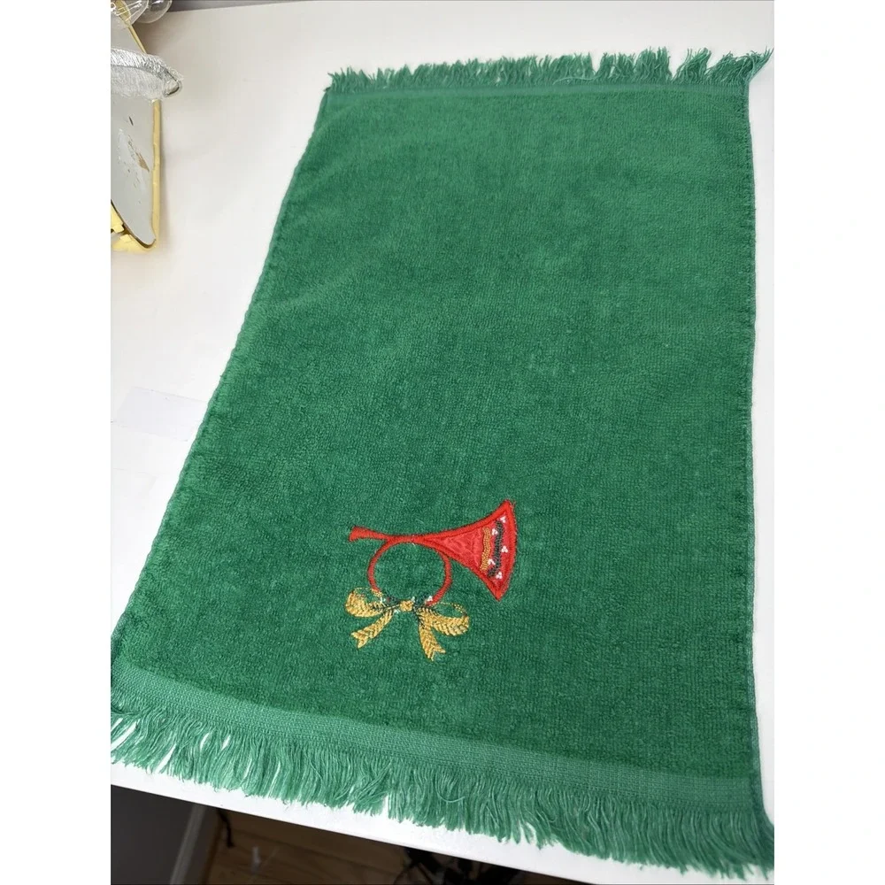 VTG Hand Towel Hunter Green Embroidery HolidayCannon USA Fringed‎ Cottagecore